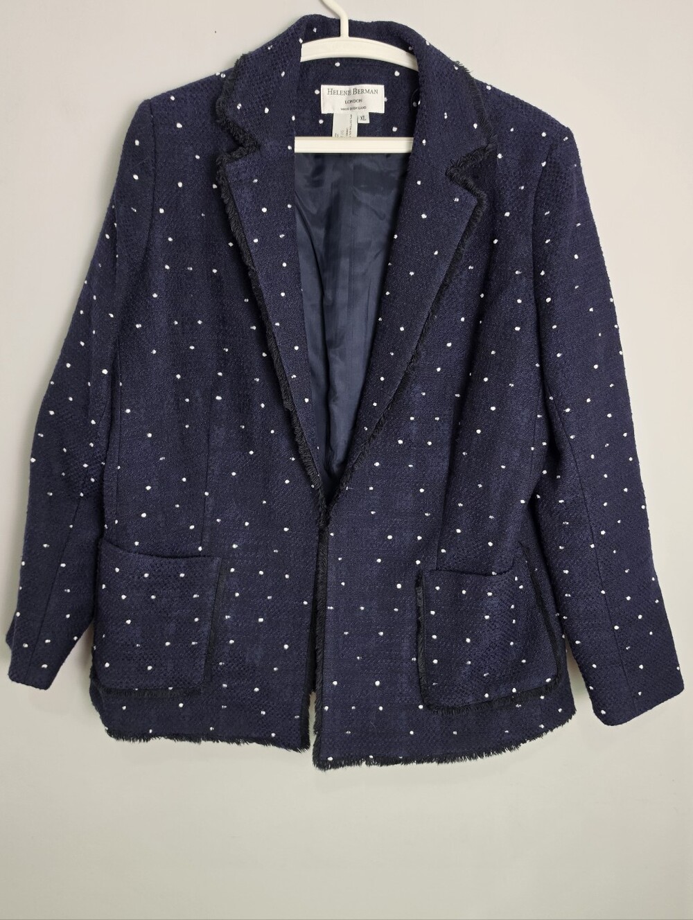 Helene Berman London Navy Blue White Polka Dot Tweed Blazer Jacket XL